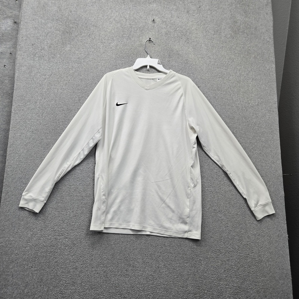 Nike Men Activewear Shirt XL White Dri Fit Swoosh Logo Embroidered Long Sleeve